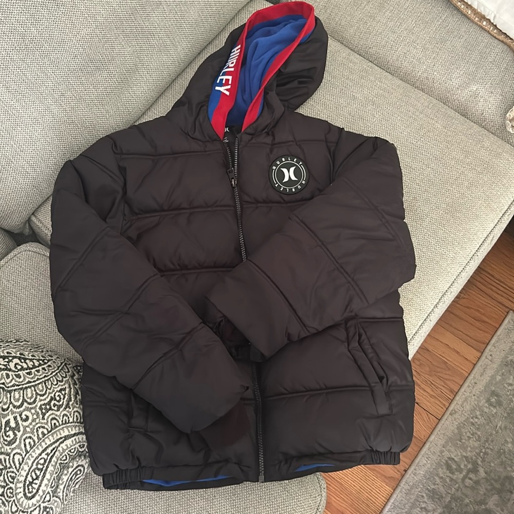 Hurley boys puff jacket great condition black red blue